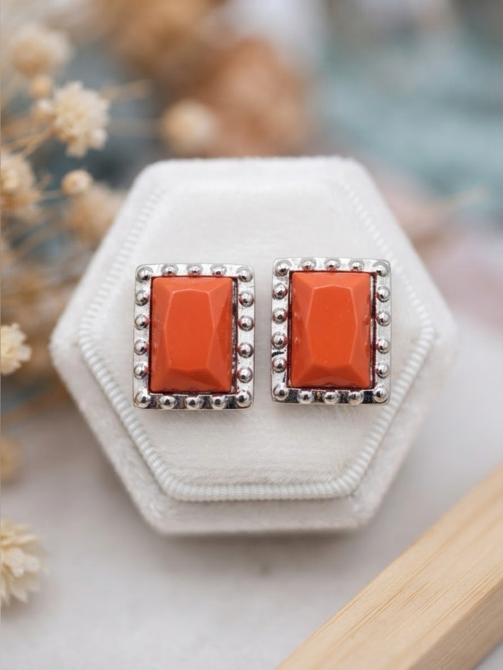 Vintage Orange Faux Coral Stud Earrings | Silver-Tone Beaded Border Southwestern